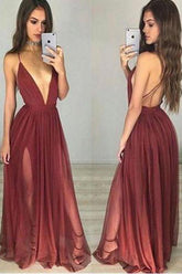 Burgundy V neck Tulle Simple Long Prom Dress, Party Dresses, Evening Dress